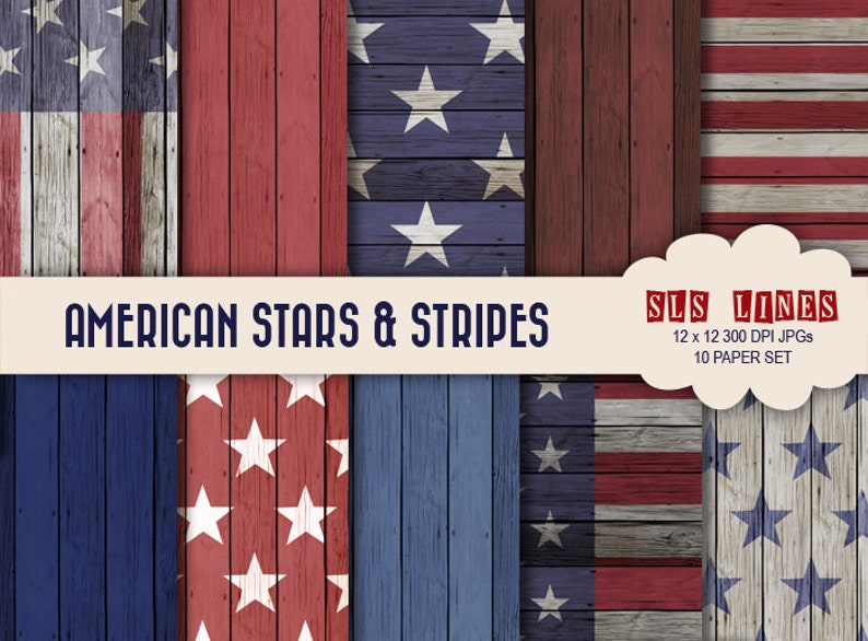USA Digital Paper set, stars and stripes red white and blue American paper pack, wood texture image 1