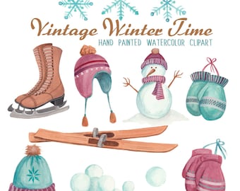 Winter Sports Watercolor Clipart,  Vintage Skis and Skates Watercolor Graphic Set, PNG Files