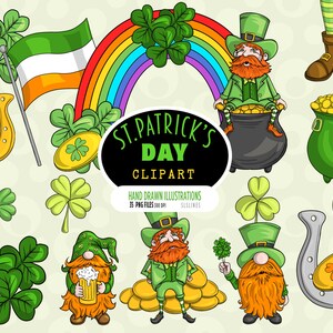 May include: A set of St. Patrick's Day clipart illustrations featuring leprechauns, shamrocks, pots of gold, rainbows, and horseshoes. The illustrations are hand-drawn and come in 35 PNG files.