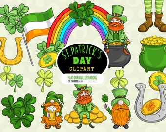 St. Patrick's Day Clipart, Leprechaun Png, Rainbow Pot of Gold Png, Shamrock Clipart, Irish Gnomes Png, Commercial Use