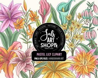 Lily Flower Clipart, Spring Lilies PNG, Spring Garden Digitals in Pastel Colors, Commercial Use PNG & Vector
