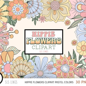 Clipart de flores hippie, flores boho PNG, flores dos anos 60 em tons pastel