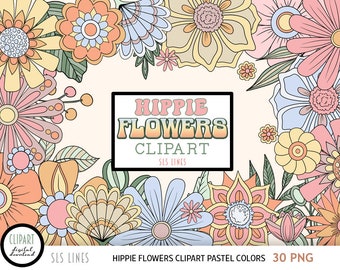 Hippie Flower Clipart, Boho Flowers PNG, Groovy 60s Flowers in Pastel Colors