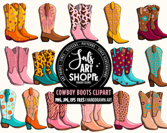 Cowboy Boots Clipart, Pink Cowgirl Boots, Western Graphics, Cowboy Boot Illustrations, Commercial Use, PNG and Vector