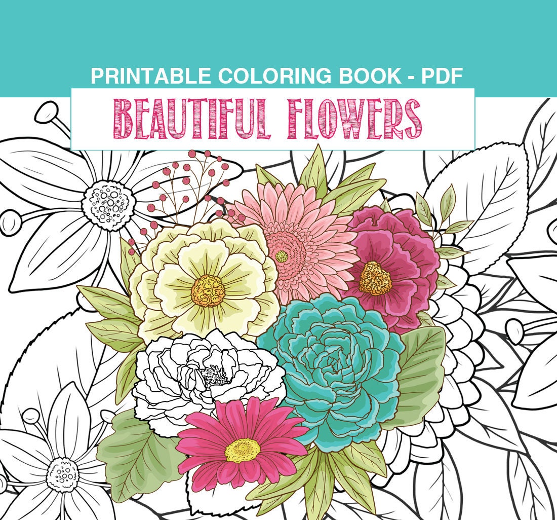 Download Flowers Adult Coloring Book Pdf Printable Pages With Pretty Etsy