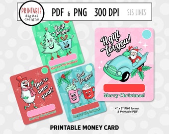 Christmas Money Card Holder, Printable Retro Christmas Card, Money Card PNG, Santa Claus, Presents