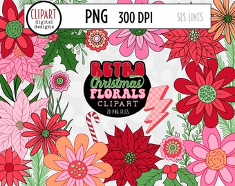 Retro Christmas Clipart, Hippie Flowers, Groovy Christmas, Poinsettia Clipart, Boho Holiday Florals PNG, Candy Cane