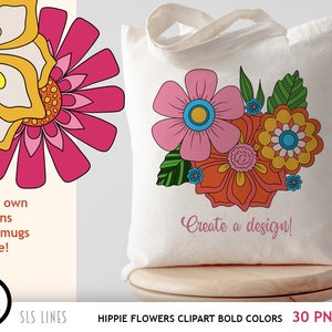 Hippie Flower Clipart, Boho Flowers PNG, Groovy 60s Flowers in Bold Colors image 2