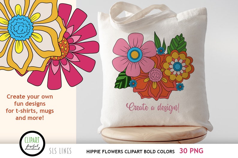 Hippie Flower Clipart, Boho Flowers PNG, Groovy 60s Flowers in Bold Colors image 2