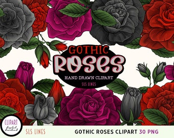 Gothic Roses Clipart, Rose illustrations, Black and Red Roses PNGs, Goth flowers, black florals png