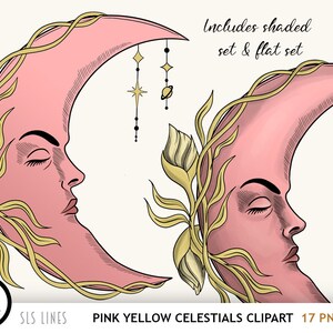 Celestial Clipart, Suns & Moons PNGs, Sun and Moon Face Clipart in Pink image 3