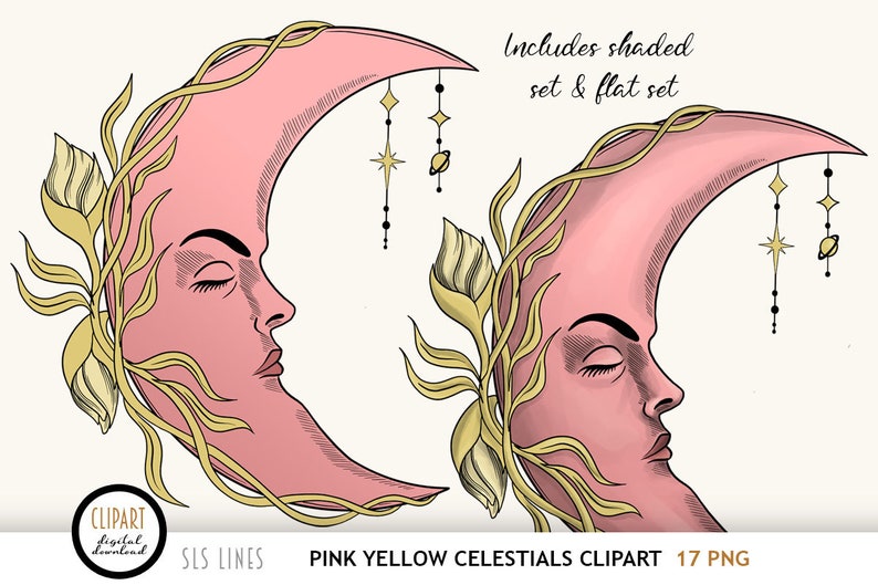 Celestial Clipart, Suns & Moons PNGs, Sun and Moon Face Clipart in Pink image 3