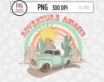 Adventure Awaits PNG, Desert Sublimation, Retro Summer PNG, Vintage Truck, Desert Scene, Southwestern PNG, Rainbow, Cactus