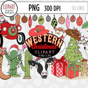 Western Christmas Clipart, Country Santa Clipart, Santa Rodeo, Cowboy Boot Ornaments, Santa on a Tractor, Christmas Cactus PNG