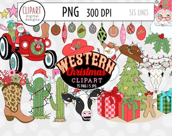 Western Christmas Clipart, Country Santa Clipart, Santa Rodeo, Cowboy Boot Ornaments, Santa on a Tractor, Christmas Cactus PNG