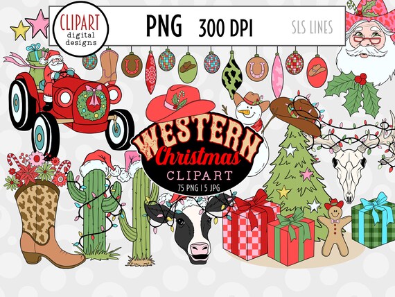 Western Christmas Clipart, Country Santa Clipart, Santa Rodeo, Cowboy Boot Ornaments, Santa on a Tractor, Christmas Cactus PNG
