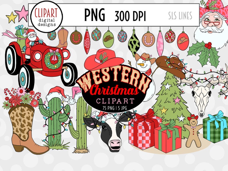 Western Christmas Clipart, Country Santa Clipart, Santa Rodeo, Cowboy Boot Ornaments, Santa on a Tractor, Christmas Cactus PNG
