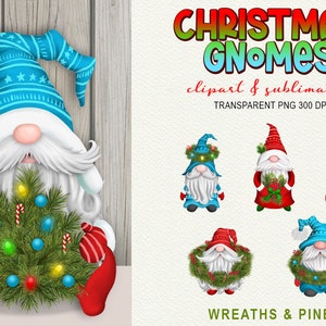 Christmas Gnome Clipart Holiday Wreaths & Pine PNG Sublimation Elements image 2