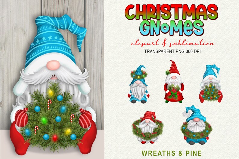 Christmas Gnome Clipart Holiday Wreaths & Pine PNG Sublimation Elements image 2