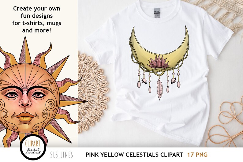 Celestial Clipart, Suns & Moons PNGs, Sun and Moon Face Clipart in Pink image 4