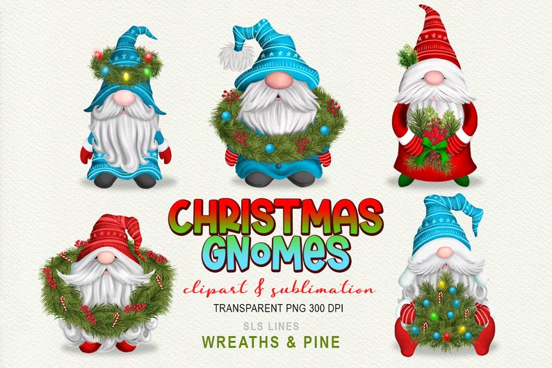 Christmas Gnome Clipart Holiday Wreaths & Pine PNG Sublimation Elements image 1