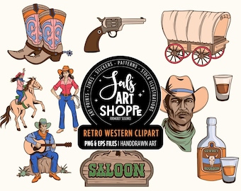 Wild West Clipart, Western Retro Graphics, Cowboy Clipart, Commercial Use, PNG and Vector, Cowgirl, Rodeo, Saloon