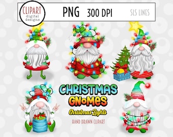 Christmas Gnome Clipart  - Christmas Lights Gnomes PNG - Sublimation Elements