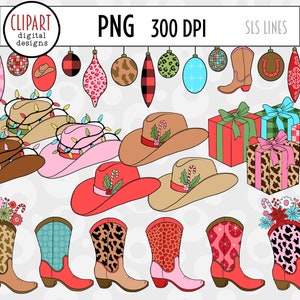 Western Christmas Clipart, Country Santa Clipart, Santa Rodeo, Cowboy Boot Ornaments, Santa on a Tractor, Christmas Cactus PNG