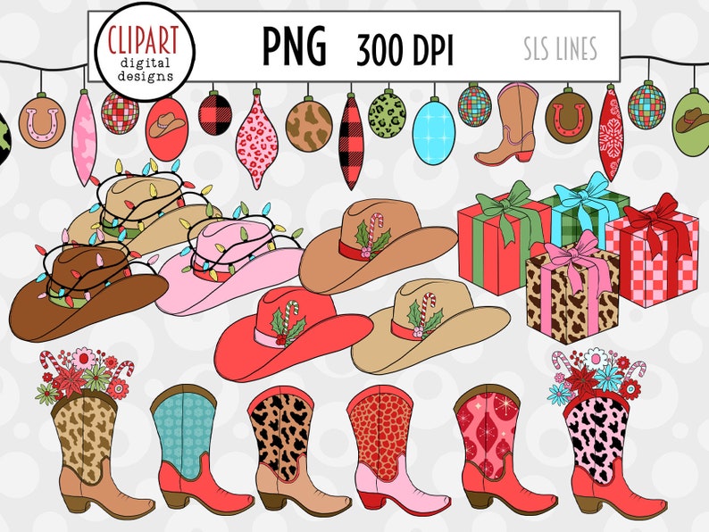 Western Christmas Clipart, Country Santa Clipart, Santa Rodeo, Cowboy Boot Ornaments, Santa on a Tractor, Christmas Cactus PNG