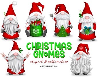 Christmas Gnome Clipart & Sublimation Elements, Santa Claus Gnomes PNG, Christmas Santas, Present png, Christmas tree gnome