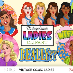 Retro Women Clipart - Vintage Style Popart Ladies PNG - Comic Women