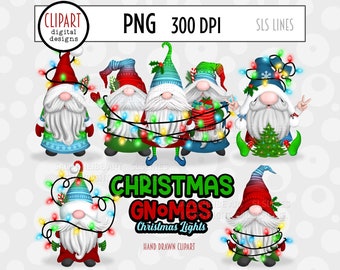 Christmas Gnome Clipart  - Christmas Lights Gnomes PNG - Sublimation Elements
