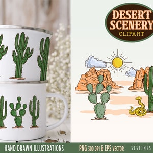 Desert Scenery Clipart, Southwestern Graphics, Desert Landscape Illustrations, Commercial Use, PNG and Vector, Cactus & Rocks