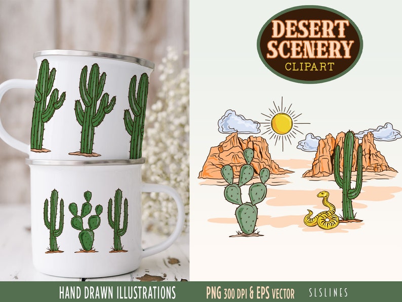 Desert Scenery Clipart, Southwestern Graphics, Desert Landscape Illustrations, Commercial Use, PNG and Vector, Cactus & Rocks