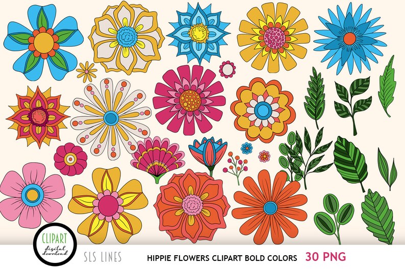 Hippie Flower Clipart, Boho Flowers PNG, Groovy 60s Flowers in Bold Colors image 3
