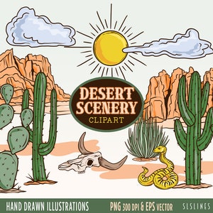 Desert Scenery Clipart, Southwestern Graphics, Desert Landscape Illustrations, Commercial Use, PNG and Vector, Cactus & Rocks