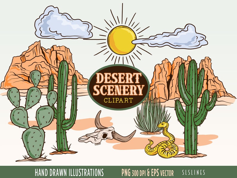 Desert Scenery Clipart, Southwestern Graphics, Desert Landscape Illustrations, Commercial Use, PNG and Vector, Cactus & Rocks