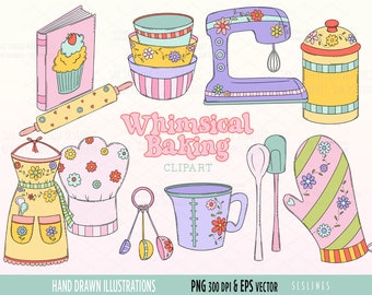 Baking Clipart, Whimsical Baker Graphics, Commercial Use Food Clipart with Mixing Bowls and Apron, PNG and Vector