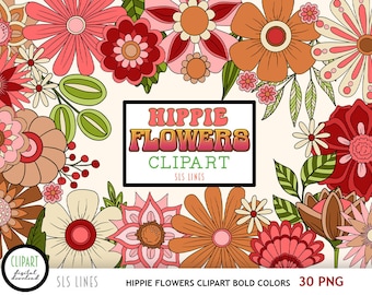 Imágenes prediseñadas de flores hippies, flores bohemias rosas PNG, flores modernas de los años 60