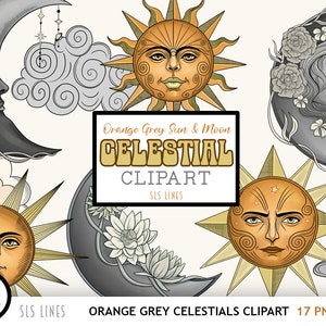 Celestial Clipart, Suns & Moons PNGs,  Sun and Moon Face Clipart in Orange Gray