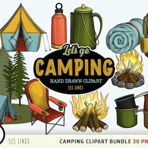 Clipart camping, tente PNG, feu de camp, arbres à feuilles persistantes, randonnée PNG, clipart équipement de camp