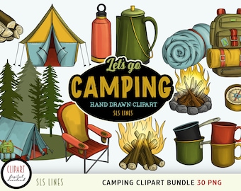 Camping Clipart, Tent PNGs, Camp Fire, Evergreen Trees, Hiking PNG, Camp Equipment Clipart