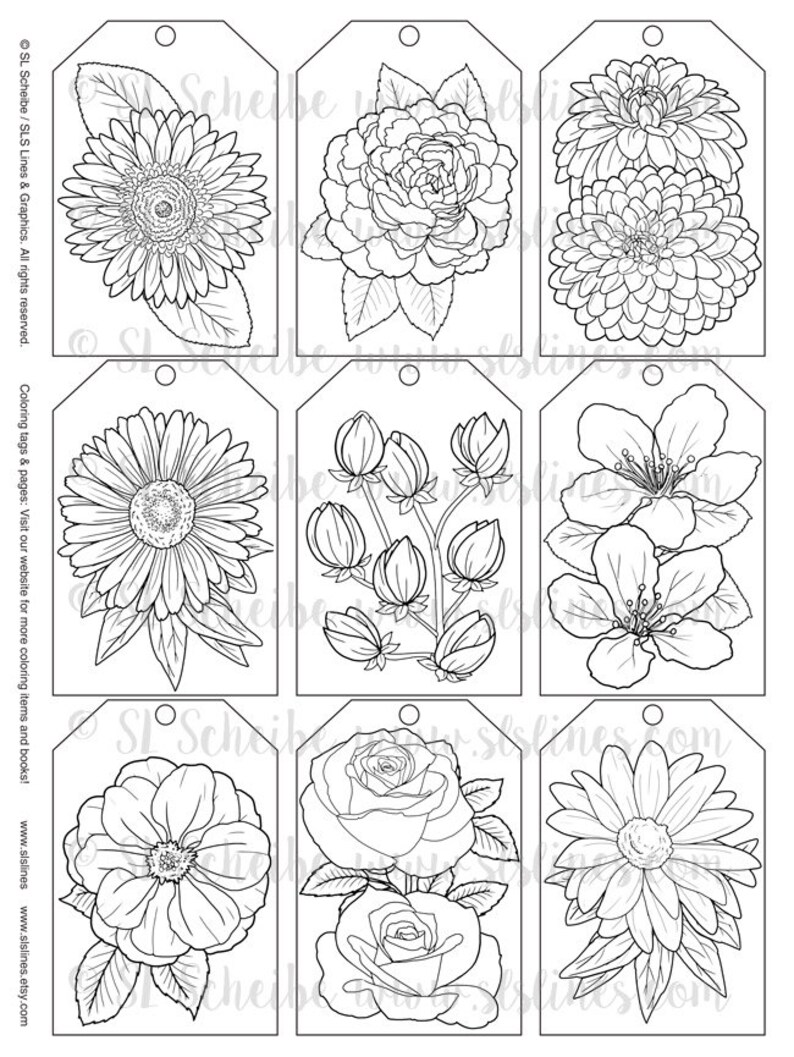 Printable PDF Gift Tag Coloring with flower design instant | Etsy