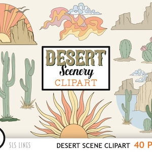Clipart paysage désertique - Cactus, falaises et soleil, fichiers PNG