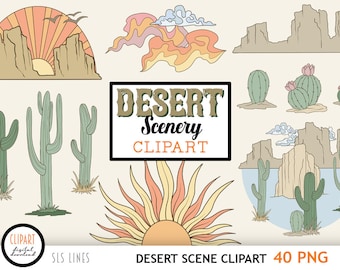 Desert Scenery Clipart - Cactus, Cliffs & Sunshine PNG Files