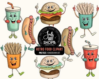 Retro Food Clipart, Groovy Burger PNG, Vintage Character Fast Food, Funny Face Fries PNG