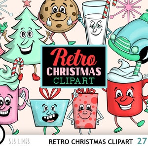Clipart Noël rétro, café de Noël et fichiers PNG vintage du père Noël