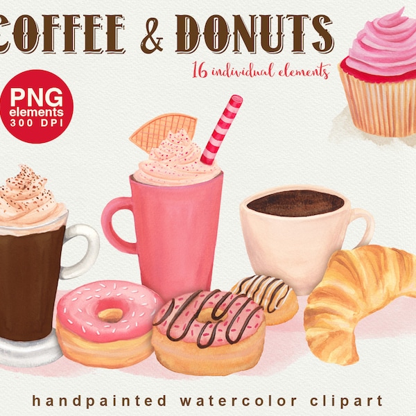 Bakery Cafe Clipart, Coffee & Donuts Watercolor Graphics, Baked Goods, Cupcake PNG, Croissant, Macarons, Menu Clipart