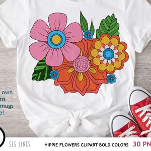 Hippie Flower Clipart, Boho Flowers PNG, Groovy 60s Flowers in Bold Colors image 4