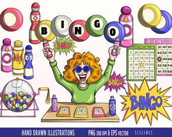 Bingo Clipart, Game Night Graphics, Commercial Use PNG & Vector, Bingo Card and Dauber Illustrations